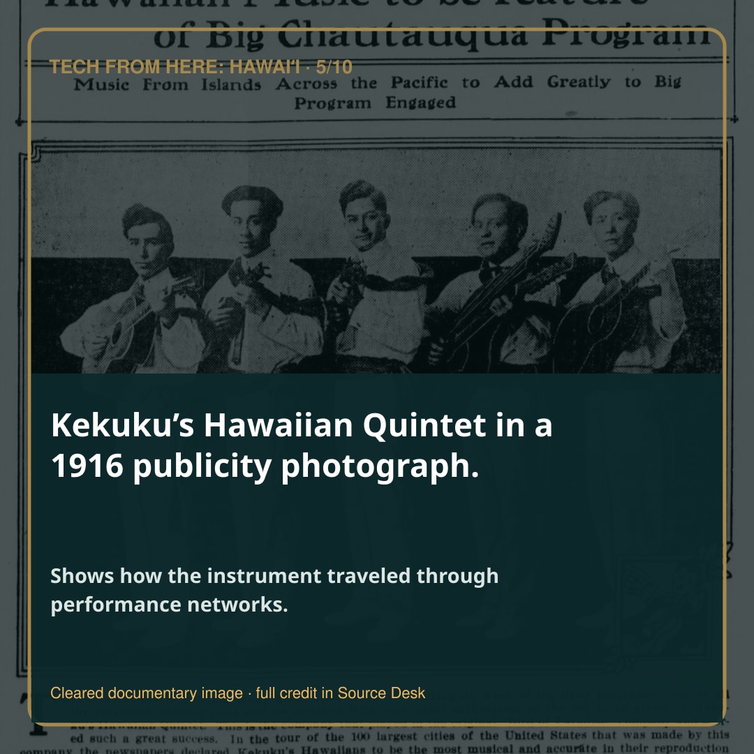 Kekuku’s Hawaiian Quintet in a 1916 publicity photograph.. Shows how the instrument traveled through performance networks.