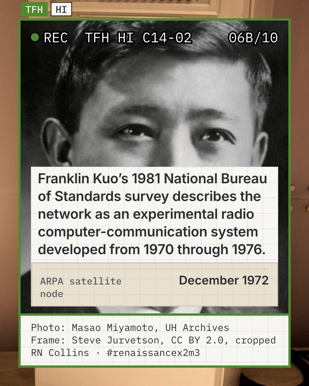 Black-and-white studio portrait of Franklin Kuo as a younger man in a dark jacket, white shirt and striped tie, photographed as a framed print on a grey wall. Kuo was a University of Hawaiʻi professor who codeveloped ALOHAnet, and his 1981 National Bureau of Standards survey is the source this frame cites. It shows the survey's author, not the survey or the network.
