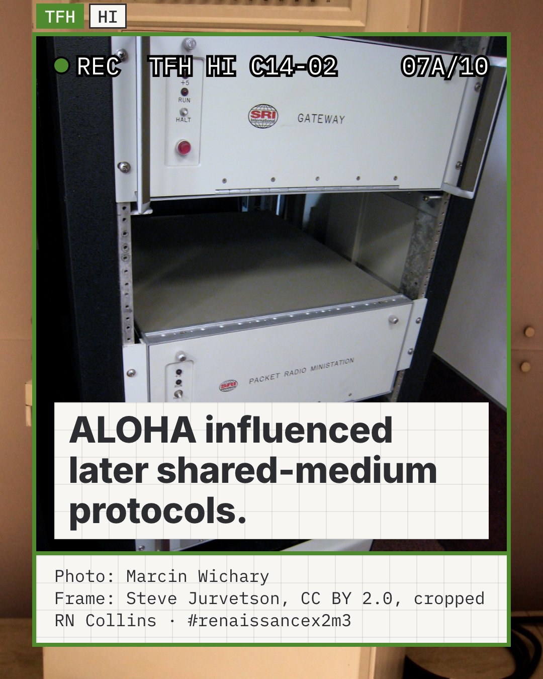 Illustrative photo: a rack of SRI International packet radio equipment from DARPA's packet radio program (a Gateway, a Packet Radio Ministation and a Terminal/Host Interface Unit), on display at the Computer History Museum. PRNET followed ALOHAnet; this stands for the later shared-medium networks the sentence names, not for ALOHAnet.
