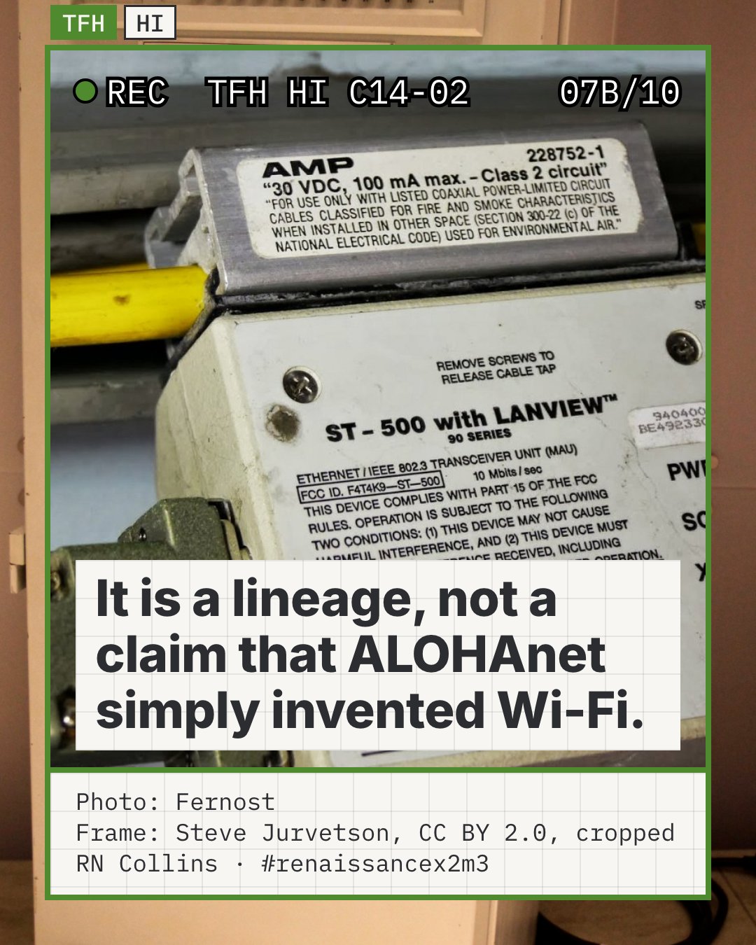 Illustrative photo: a 10BASE5 Ethernet transceiver (an AMP tap with a Cabletron ST-500 unit) clamped onto a yellow coaxial cable. It stands for Ethernet, which kept ALOHA's random-wait retry and added listening before sending; it is not the Xerox original and shows nothing about Wi-Fi.