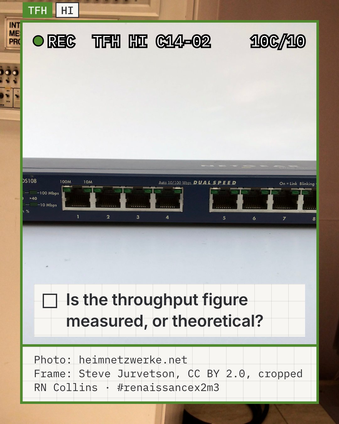 Illustrative photo: the front of an 8-port Netgear DS108 dual-speed Ethernet hub, with rows of small indicator lights marked Col (collision) and Utilization %, a built-in readout of how much of a shared channel is in use. It stands for the question of whether a throughput figure is measured or theoretical; it is a consumer product with no link to ALOHAnet or its 18.4 percent figure.