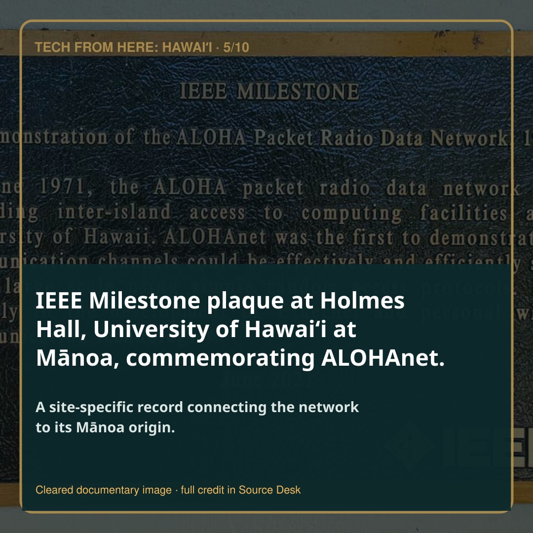 IEEE Milestone plaque at Holmes Hall, University of Hawaiʻi at Mānoa, commemorating ALOHAnet.. A site-specific record connecting the network to its Mānoa origin.