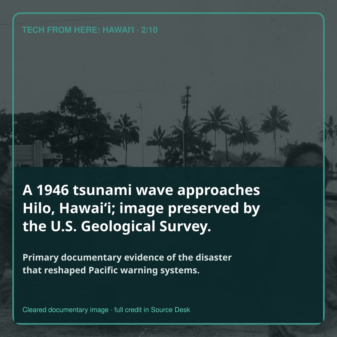 A 1946 tsunami wave approaches Hilo, Hawaiʻi; image preserved by the U.S. Geological Survey.. Primary documentary evidence of the disaster that reshaped Pacific warning systems.