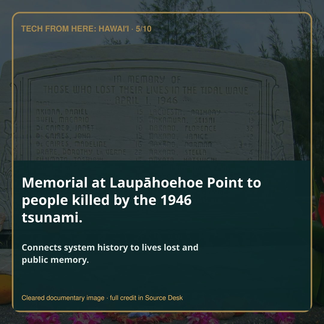 Memorial at Laupāhoehoe Point to people killed by the 1946 tsunami.. Connects system history to lives lost and public memory.