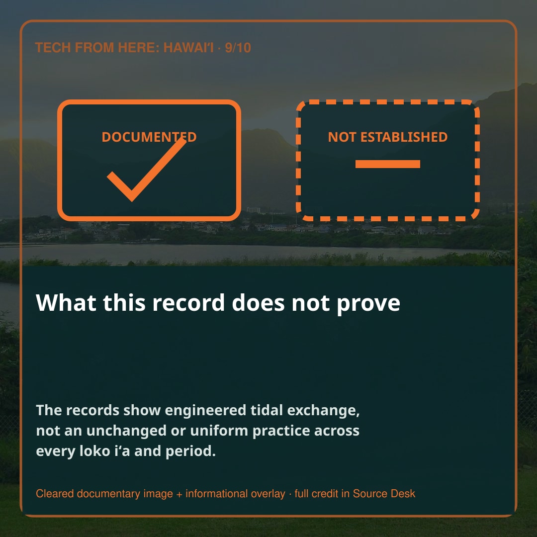What this evidence does not prove. The labor did not end when the wall was completed. Its productive capacity depends on continuous mālama: clearing channels, repairing storm damage, maintaining gates, observing fish and water, controlling predators or invasive species, coordinating harvests, and caring for relationships upstream and downstream.