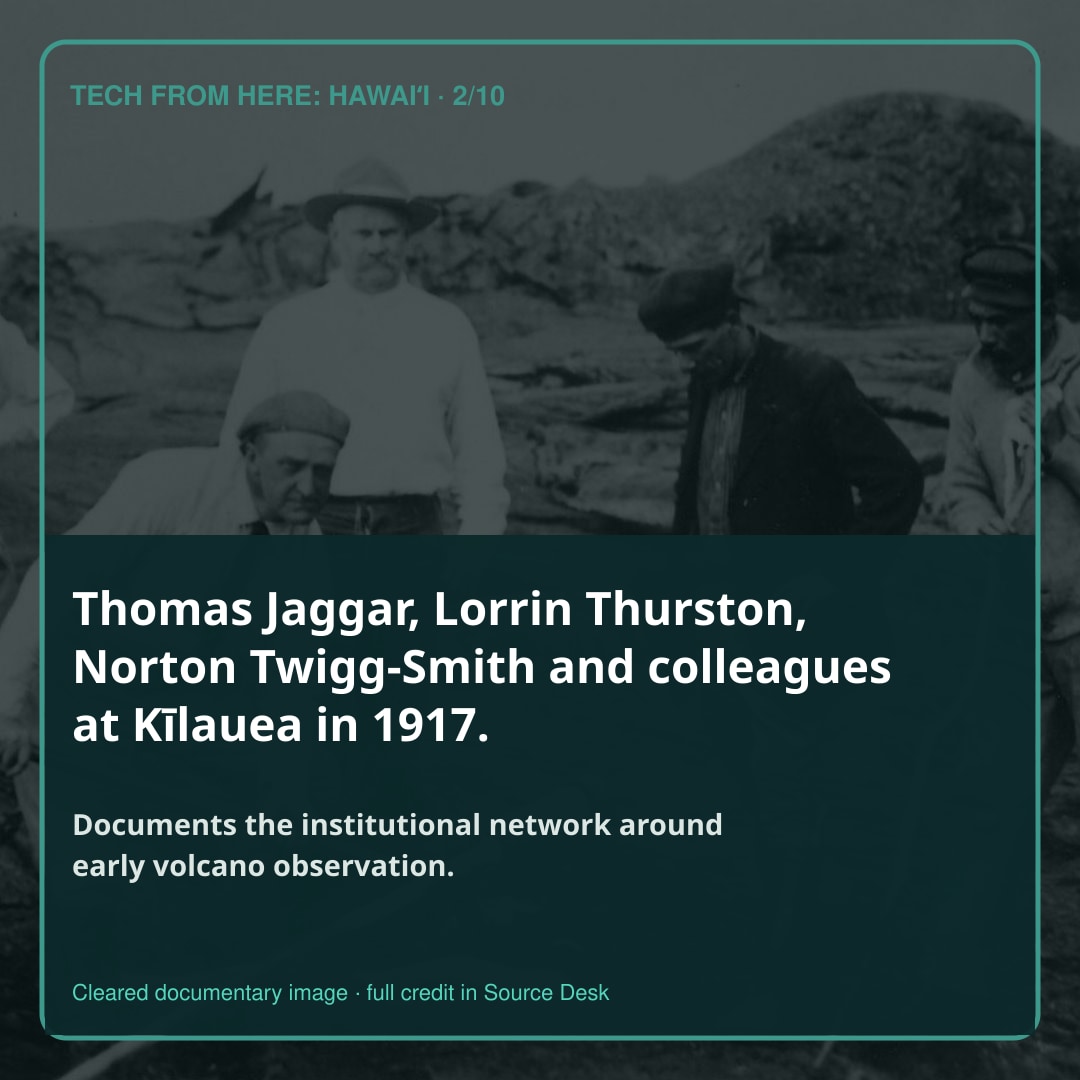 Thomas Jaggar, Lorrin Thurston, Norton Twigg-Smith and colleagues at Kīlauea in 1917.. Documents the institutional network around early volcano observation.