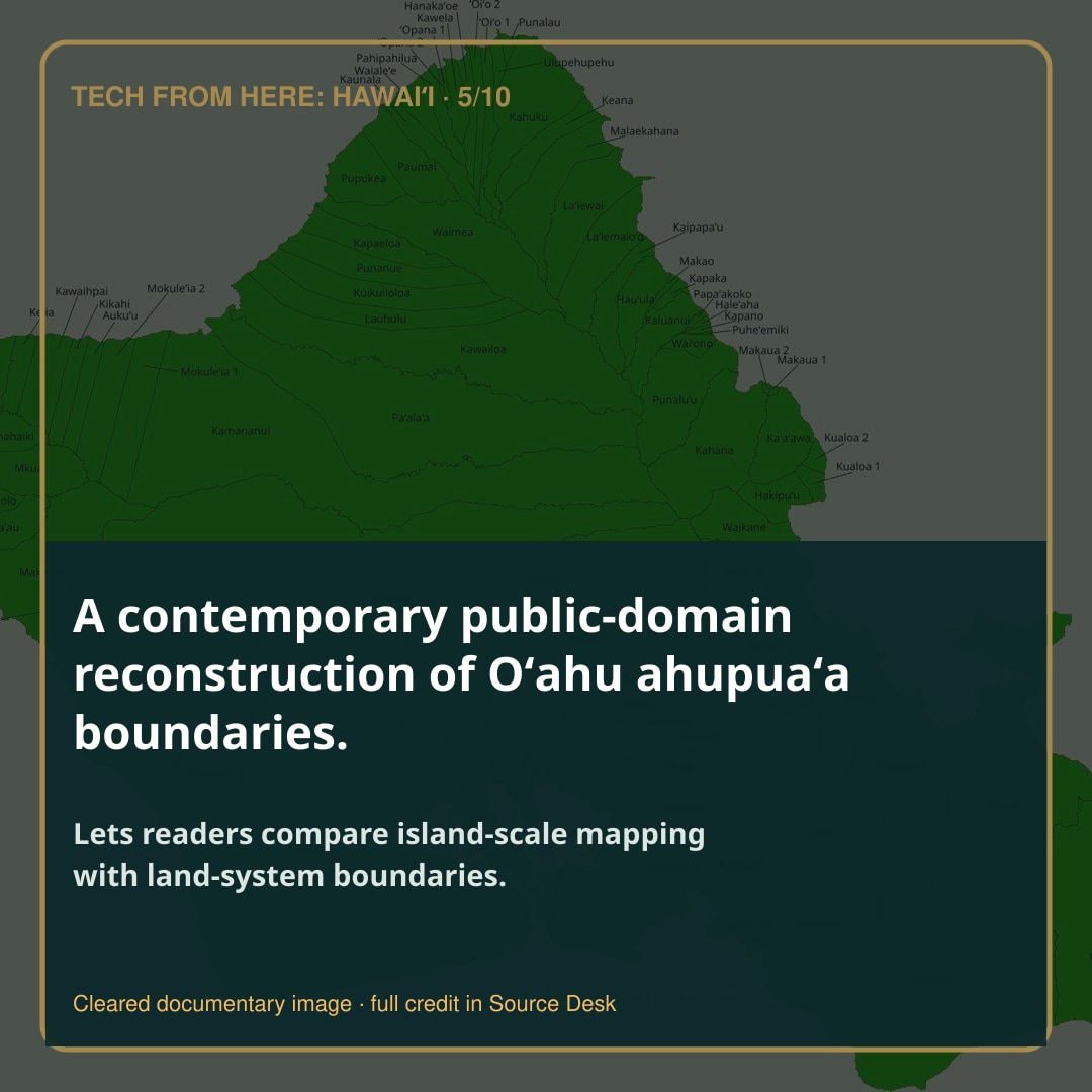 A contemporary public-domain reconstruction of Oʻahu ahupuaʻa boundaries.. Lets readers compare island-scale mapping with land-system boundaries.