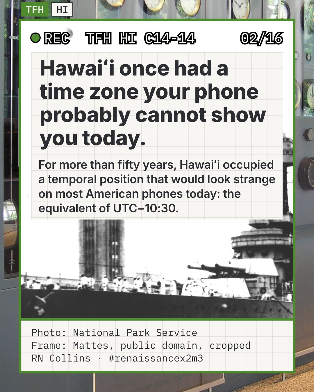 Illustrative photo: the USS California docking at Honolulu Harbor beside Aloha Tower on May 15, 1928, with the tower's clock faces at the left. Honolulu kept the half-hour standard from 1896 to 1947, apart from the war years, so this is a public clock of that era; it does not show the offset and is not a phone.