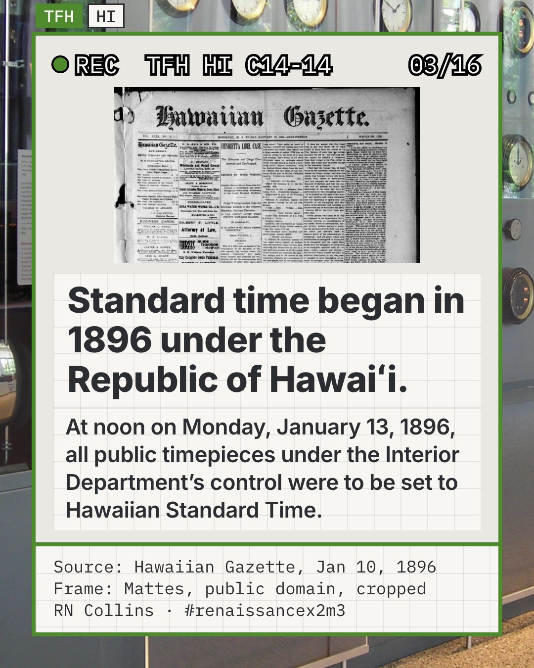 The top of the front page of the Hawaiian Gazette, Honolulu, semi-weekly, Friday January 10, 1896: the issue that printed the Department of the Interior's standard-time notice on page 5. The scan shows the newspaper as an object; the notice itself is not on this part of the page.