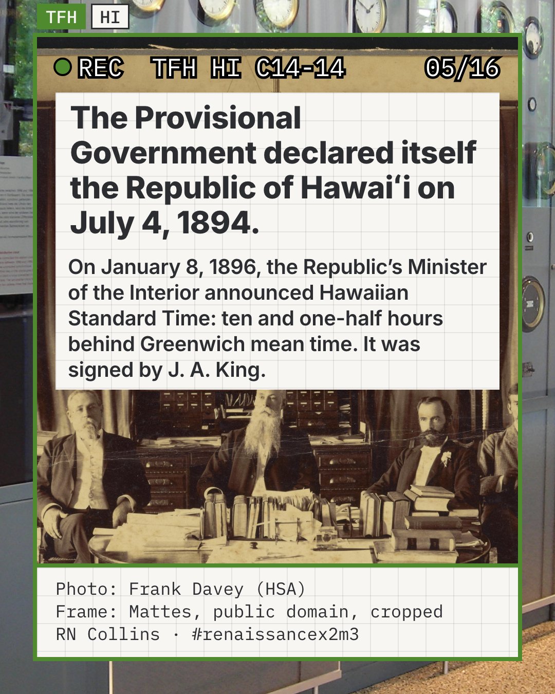 The Republic of Hawaiʻi cabinet seated around a table, in a Frank Davey photograph from the Hawaiʻi State Archives. The mount carries the signatures of five of the ministers, including J. A. King, whom the archive lists second from the left. The story says King signed the January 1896 notice.