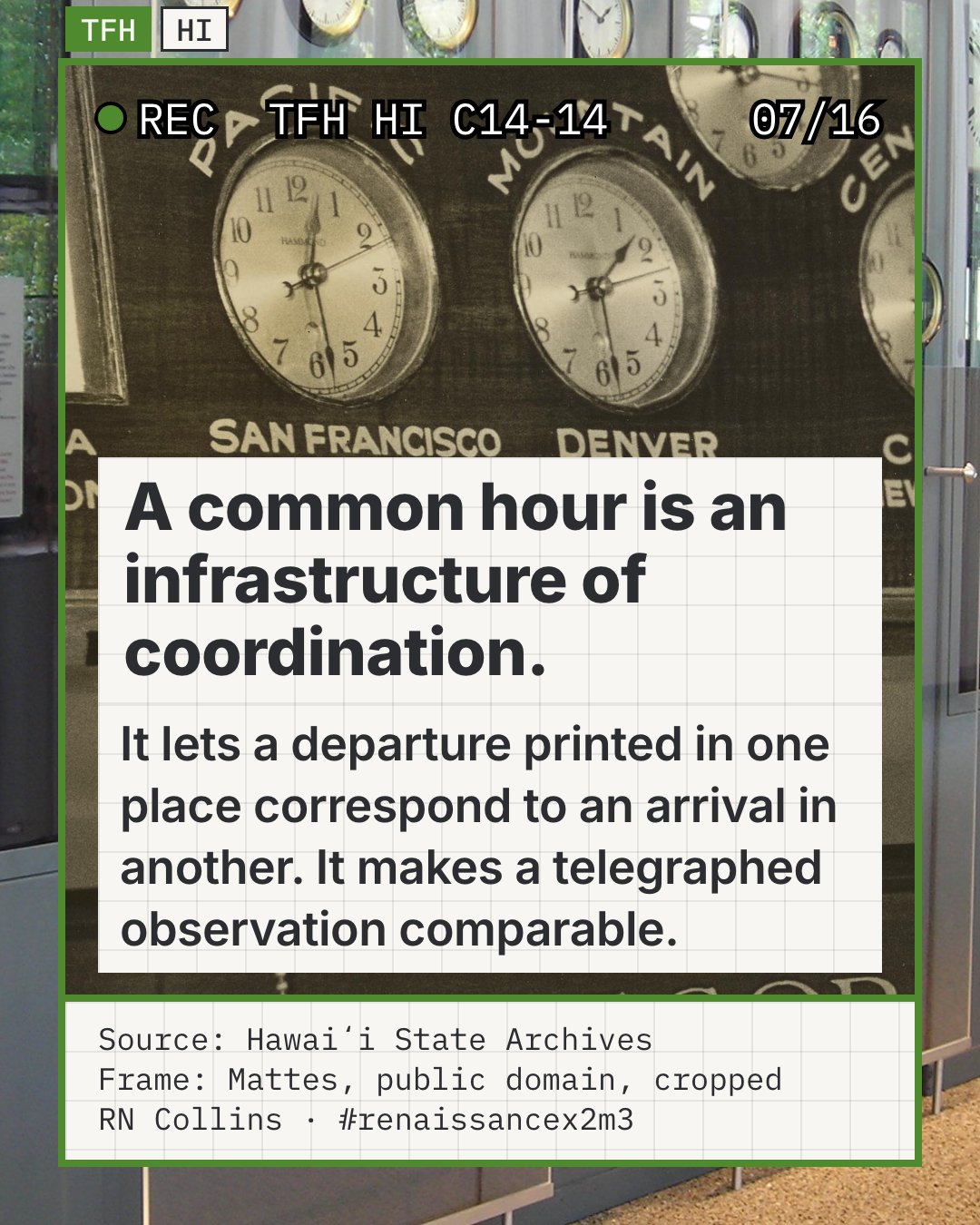 Illustrative photo: the clock panel at a Mutual Telephone Company operator position in Honolulu, 1934, with separate clocks labeled Far Eastern, Pacific, Mountain, Honolulu, Central, Eastern and Greenwich. It shows equipment that kept several standard times side by side for coordination; it is not a timetable or a telegraph line, and the operator is cropped out.