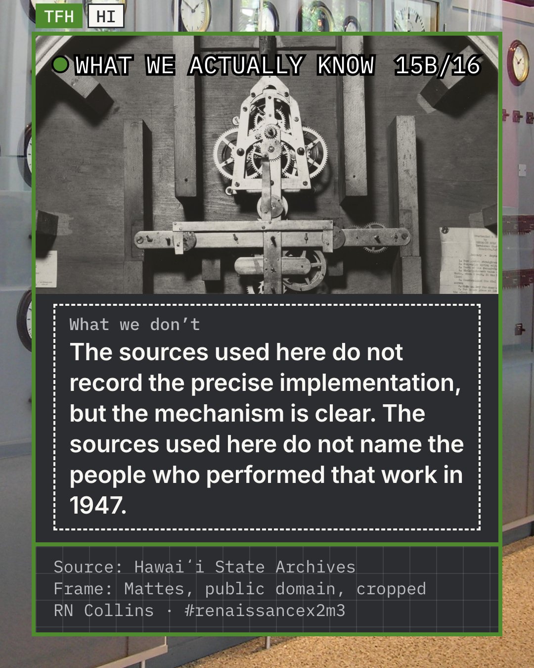 Illustrative photo: the exposed timing mechanism of an antique clock, brass wheels, a lever arm and a round pendulum bob mounted on a wooden board inside a circular frame, in a 1949 photograph by Raymond Sato held by the Hawaiʻi State Archives, which labels it Queen Liliʻuokalani's clock. The boundary slide says the sources do not record how Hawaiʻi's clocks were reset in 1947 or who did it. This shows the kind of machinery such work acts on, not the 1947 work or those people.
