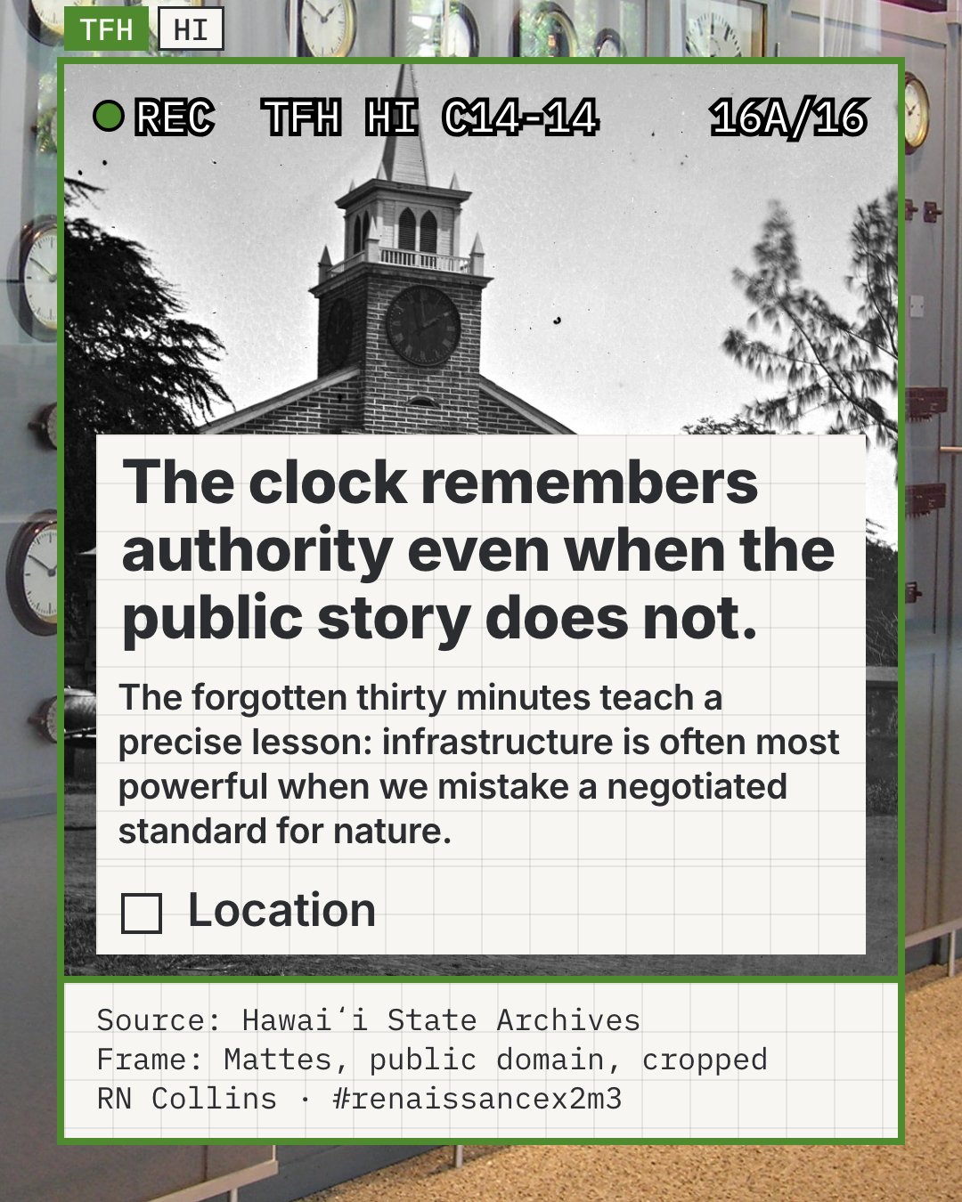 Kawaiahaʻo Church, Honolulu, with the round dial of its tower clock clear on the tower and a group of men at the churchyard gate, from a Hawaiʻi State Archives glass plate negative, cropped and contrast-adjusted. The story names the church as home to the Kauikeaouli public clock.