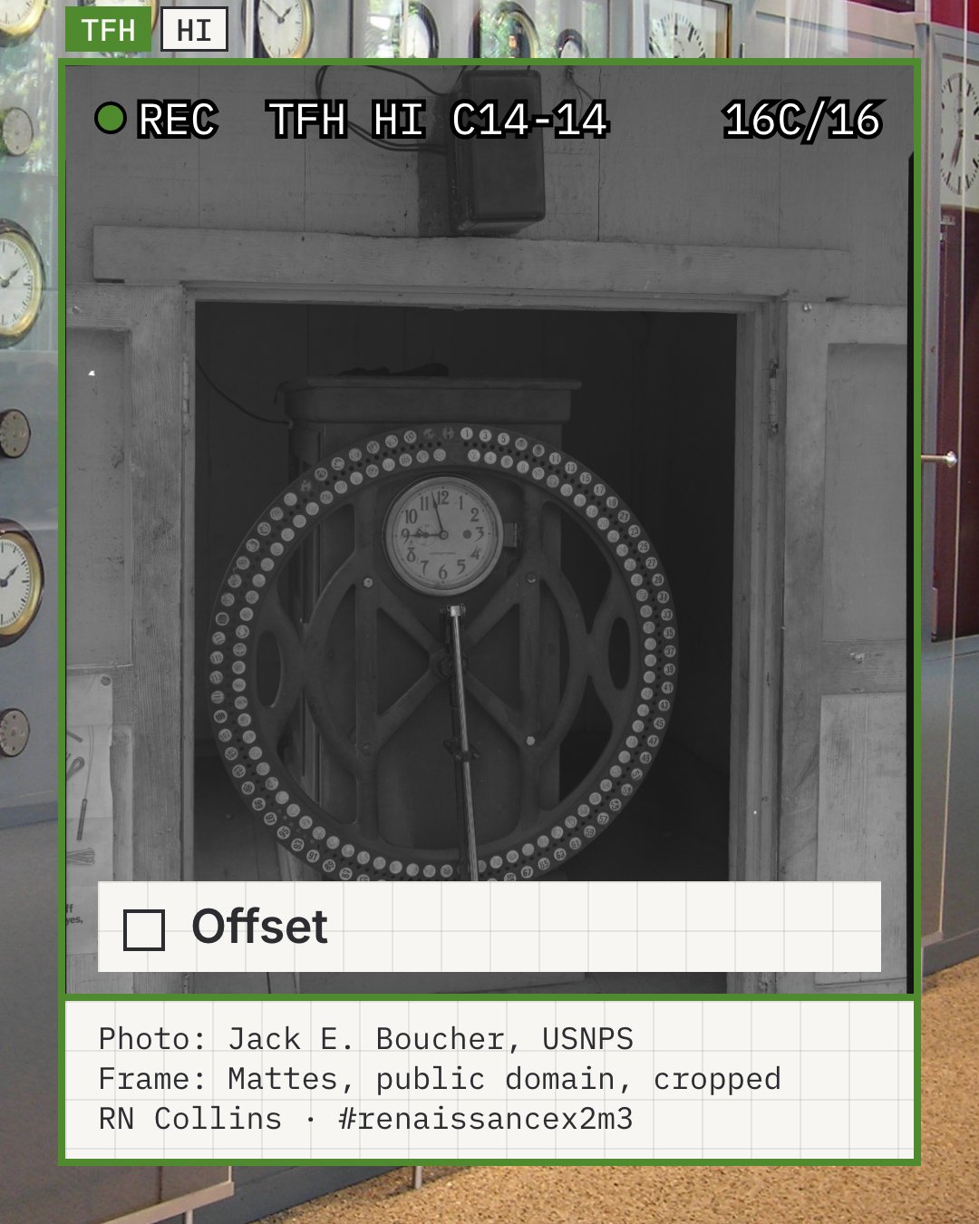 Illustrative photo: a plantation worker time clock standing in a small open wooden shed at Pioneer Mill, Lahaina, Maui, a round clock dial above a large wheel ringed with numbered pegs and a long lever, photographed by Jack E. Boucher for the National Park Service in July 1966 (Hawaiʻi State Archives). The close slide item is the single word Offset. This is an everyday Hawaiʻi timekeeping machine, not a Honolulu public clock and not a time offset.