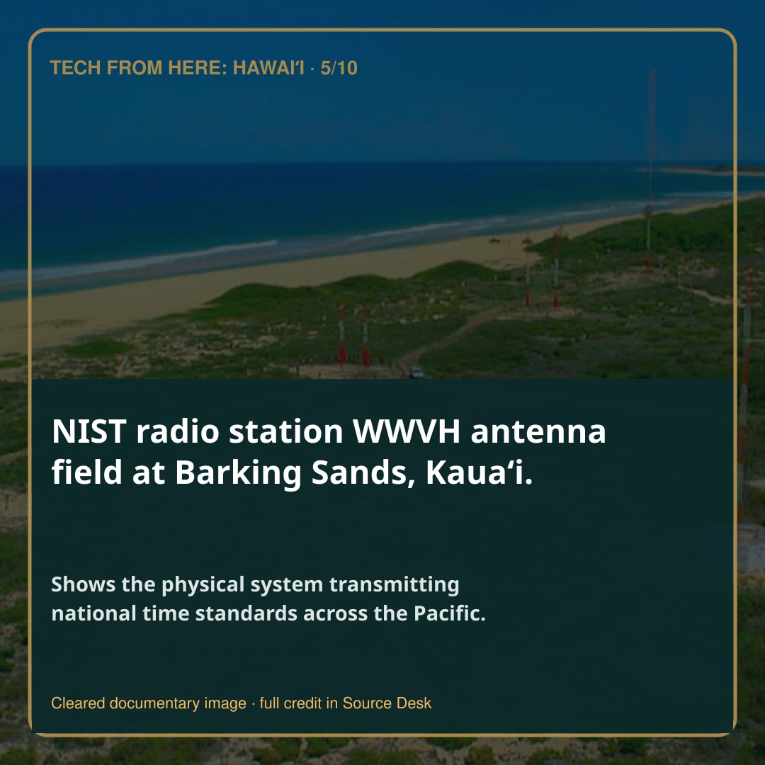 NIST radio station WWVH antenna field at Barking Sands, Kauaʻi.. Shows the physical system transmitting national time standards across the Pacific.