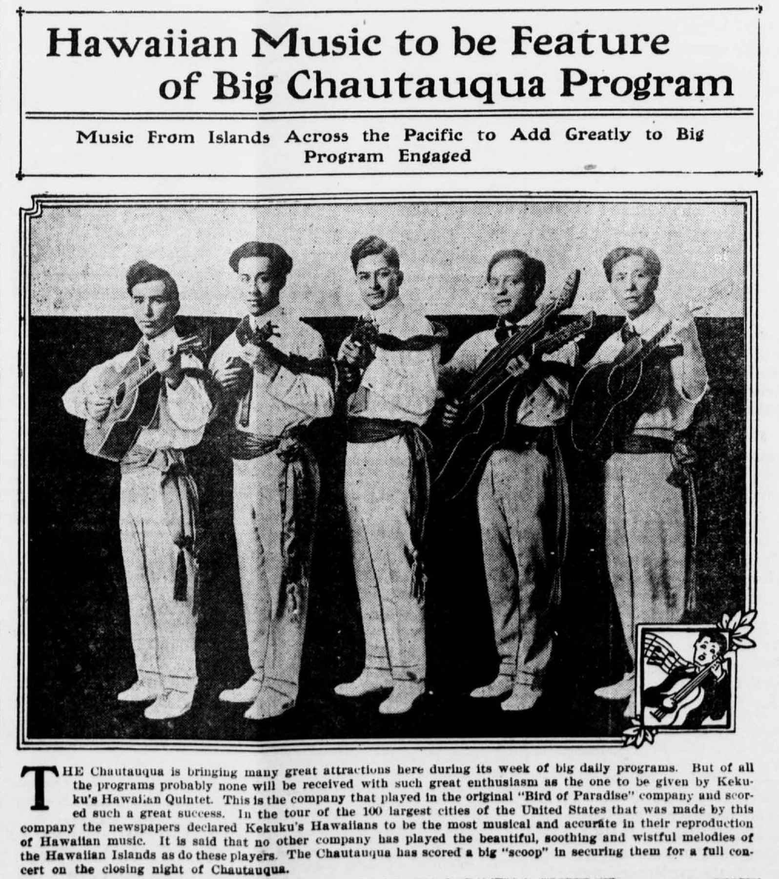 Early twentieth-century group portrait of Kekuku’s Hawaiian Quintet with instruments.