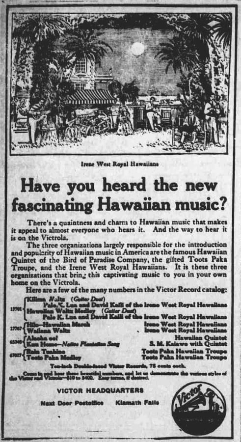 1916 record advertisement listing Hawaiian musical acts.