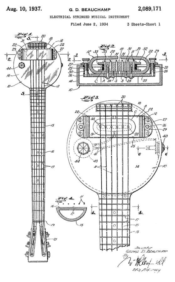 Patent diagram of an early electric guitar pickup.