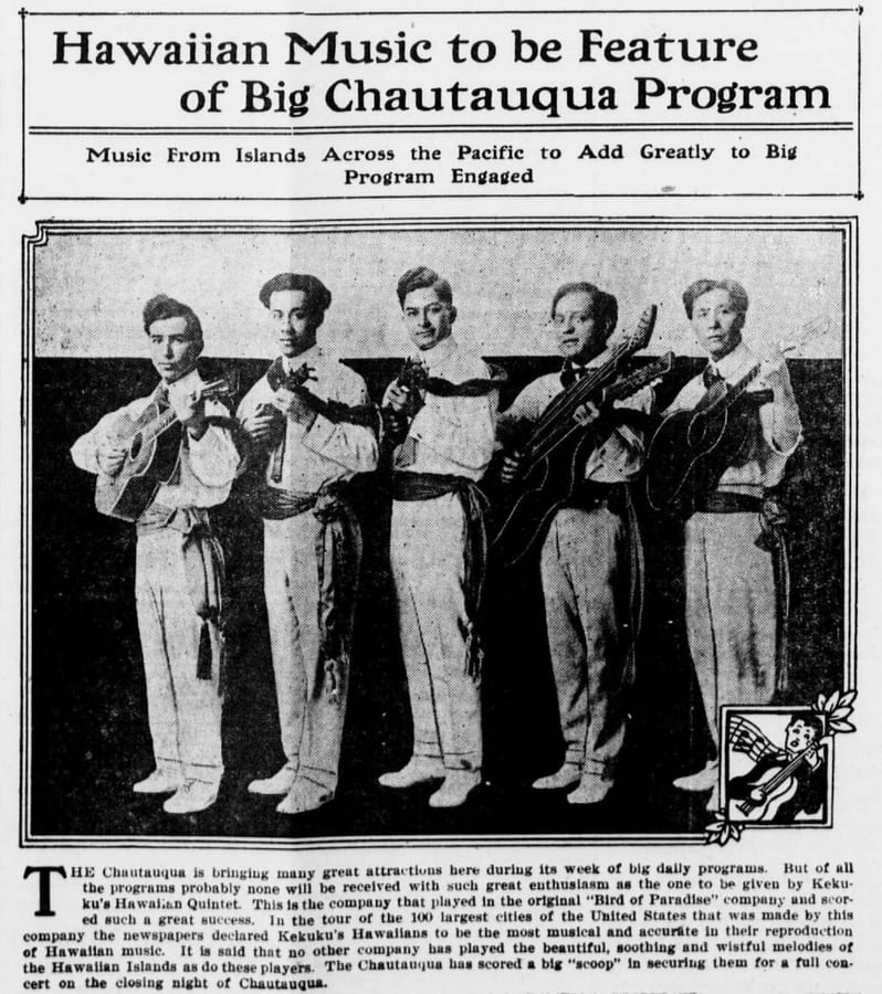 Early twentieth-century group portrait of Kekuku's Hawaiian Quintet with instruments.
