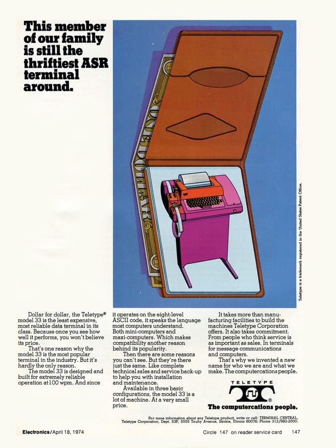 Period photo of an ASR-33 teletype terminal.