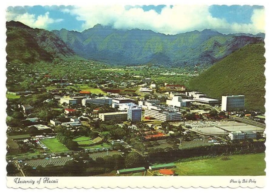 Aerial postcard view of the University of Hawaiʻi Mānoa campus.