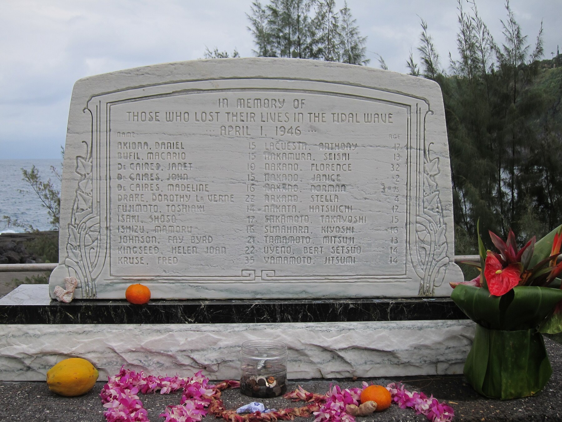 Stone tsunami memorial at Laupāhoehoe Point.