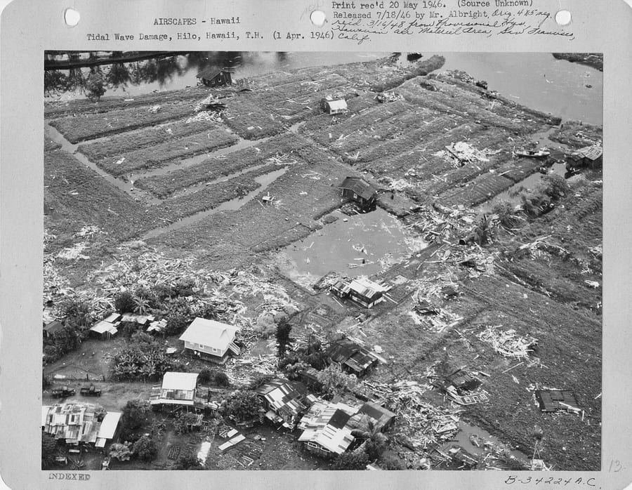 Aerial photograph of tsunami-damaged Hilo, April 1946.