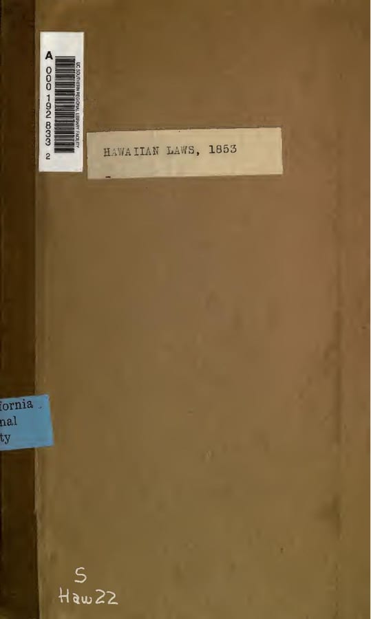 Scanned volume of Hawaiian Kingdom session laws, 1853.