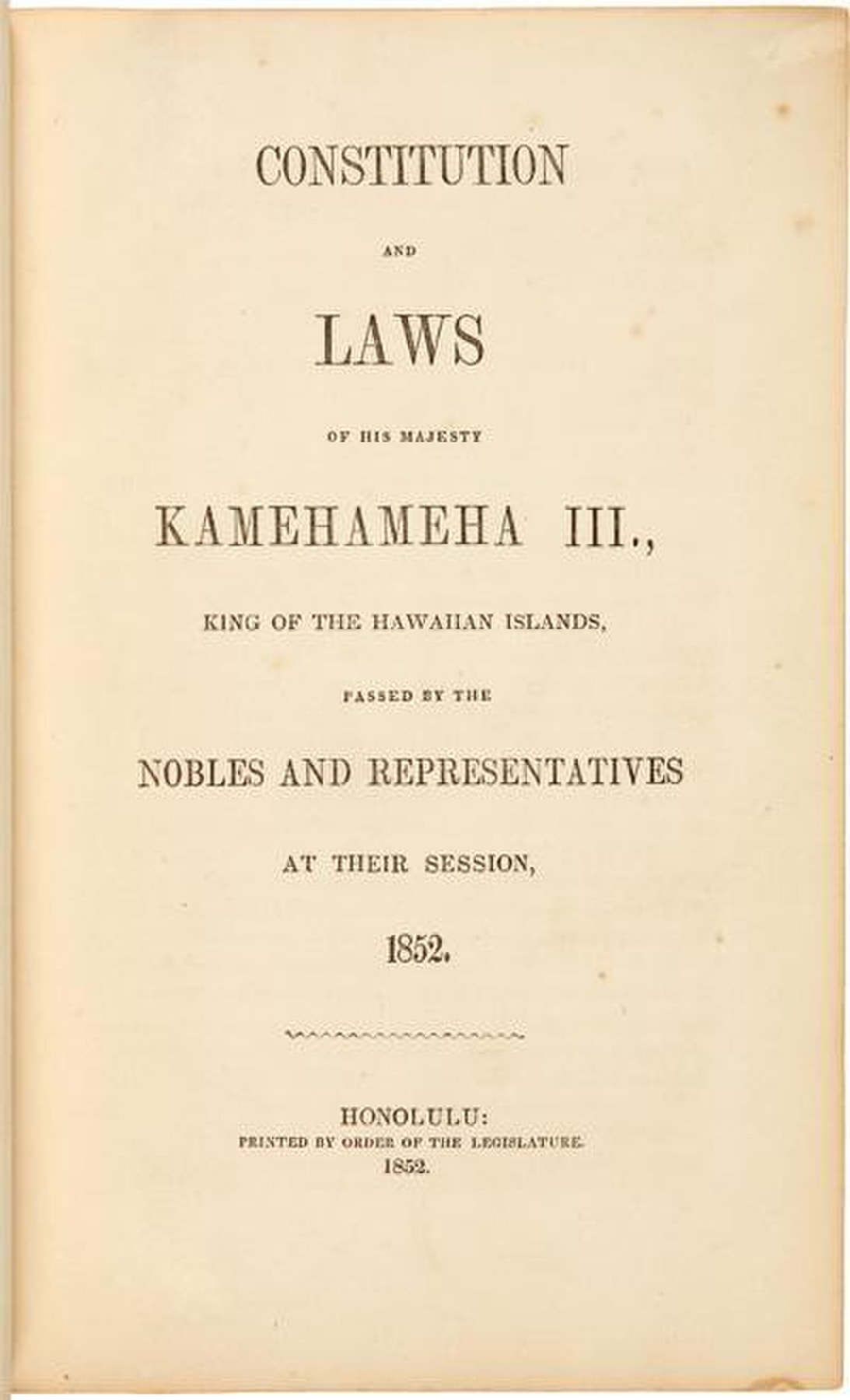 Title page of the 1852 Hawaiian Constitution.