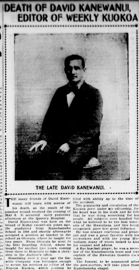 Newspaper column from The Hawaiian Gazette, Honolulu, May 23, 1902, page 5, headed with the death of David Kanewanui, editor of the Weekly Kuokoa.