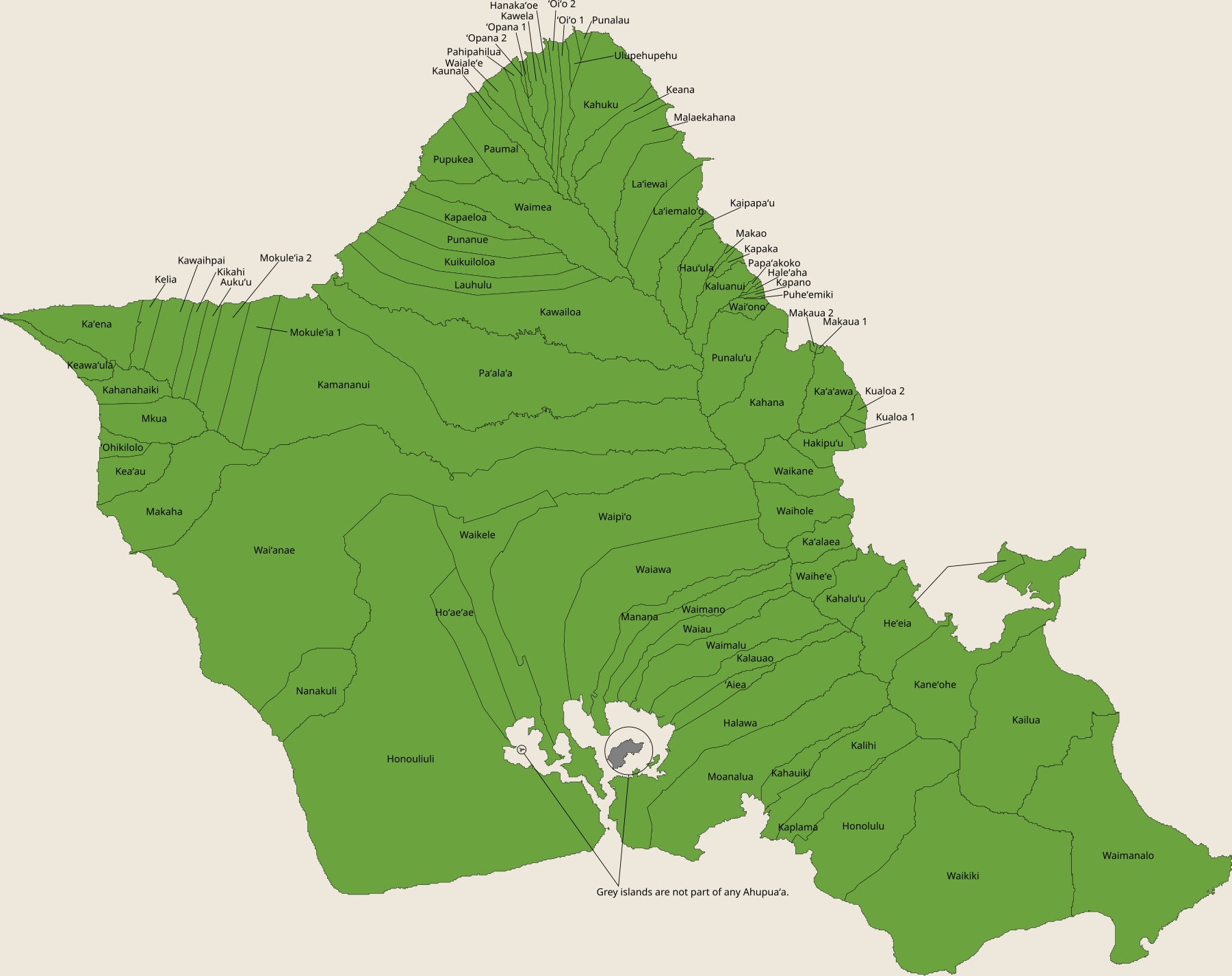 Map showing traditional ahupuaʻa land divisions across Oʻahu.