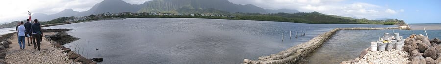 Panoramic photograph of the Heʻeia Fishpond stone wall.