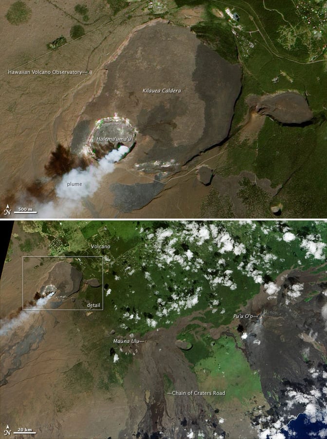 Satellite image of Kīlauea captioned around a century of observation.