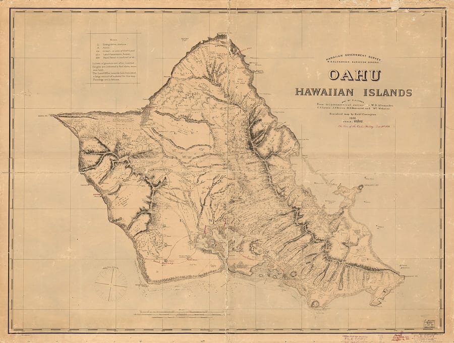 Historic triangulation survey map of Oʻahu.