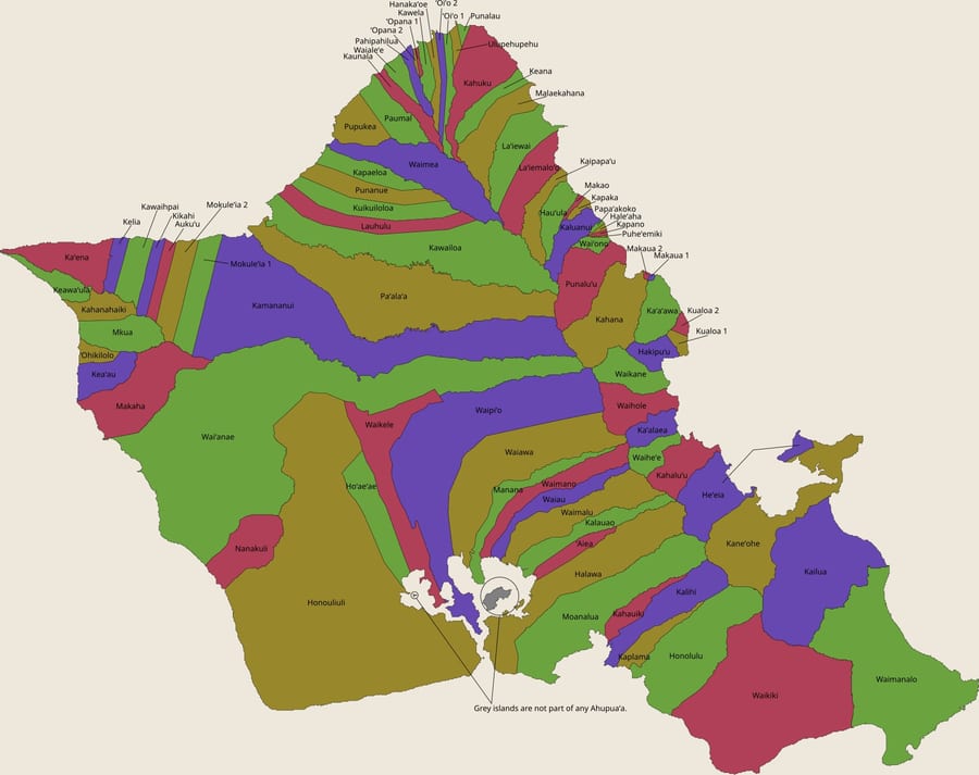 Map of Oʻahu ahupuaʻa boundaries.