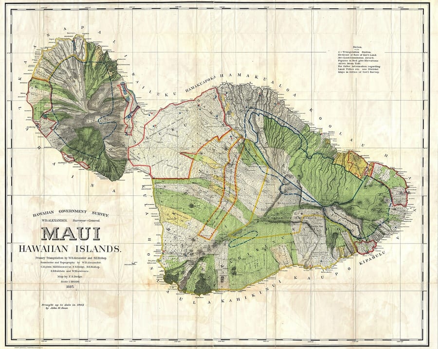 Historic wall map of Maui, 1885.