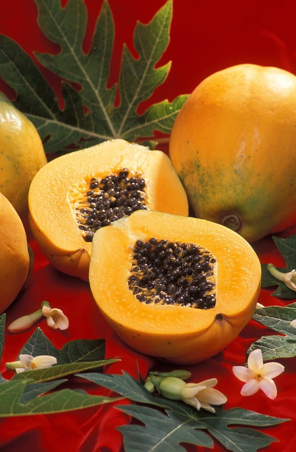 Photograph of a halved papaya.