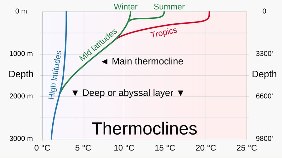 Chart of ocean temperature layers by depth.
