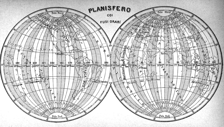 Historic world map showing time zones, 1896.